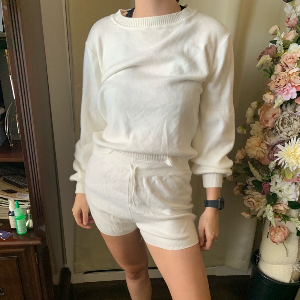 White sweater and shorts set